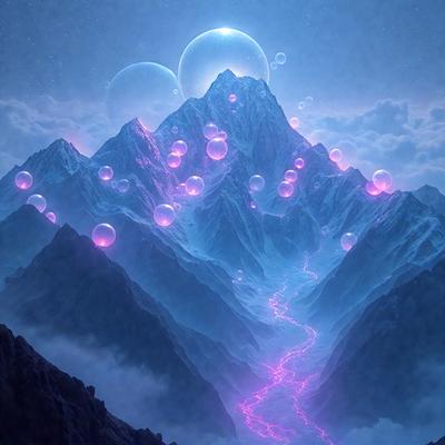 The primary subject of the image is a large, purple mountain with a red river flowing through it. The mountain is covered in a variety of pink and purple bubbles, giving it a unique and visually striking appearance. The setting is a nighttime sky, which adds to the overall atmosphere of the scene. The visual style of the image is a combination of digital art and illustration, creating a vibrant and imaginative landscape. The dominant colors of the image are purple, pink, and red,
